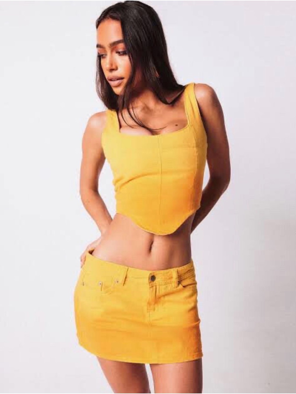 Tiger Mist Yellow Two-Piece Crop Top and Mini Skirt Set